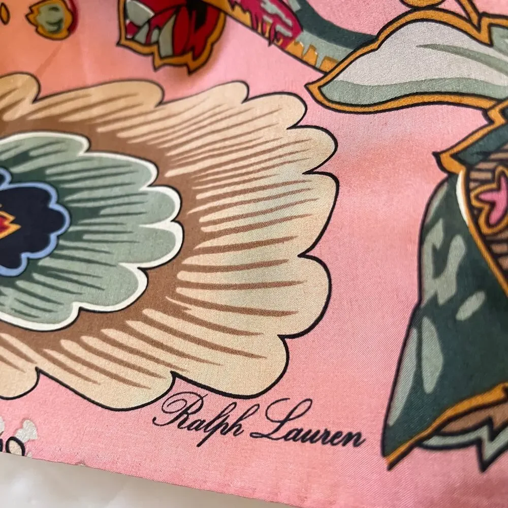 Vintage Ralph Lauren Colorful Feather Floral Paisley Cotton Square Scarf